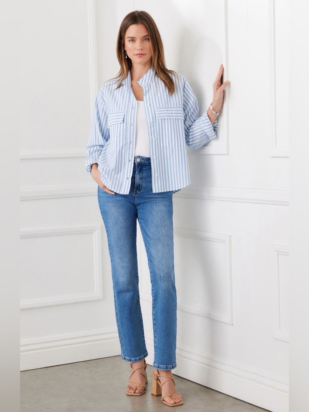 Karen Kane Stripe Cotton Shirt Jacket Blue Stripe XS